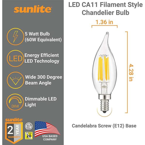 Sunlite 5w LED Filament CA11 Flame Tip Chandelier E12 4000K Bulb - 60W Equiv Online Sale