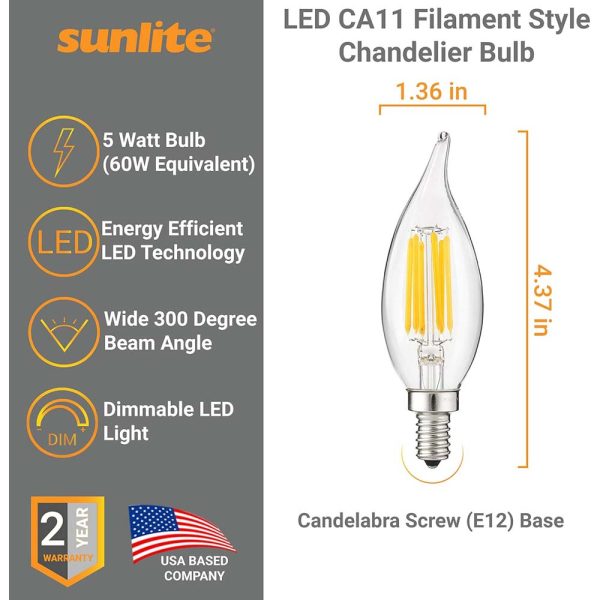 Sunlite 5w LED Filament CA11 Flame Tip Chandelier E12 5000K Bulb - 60W Equiv For Cheap