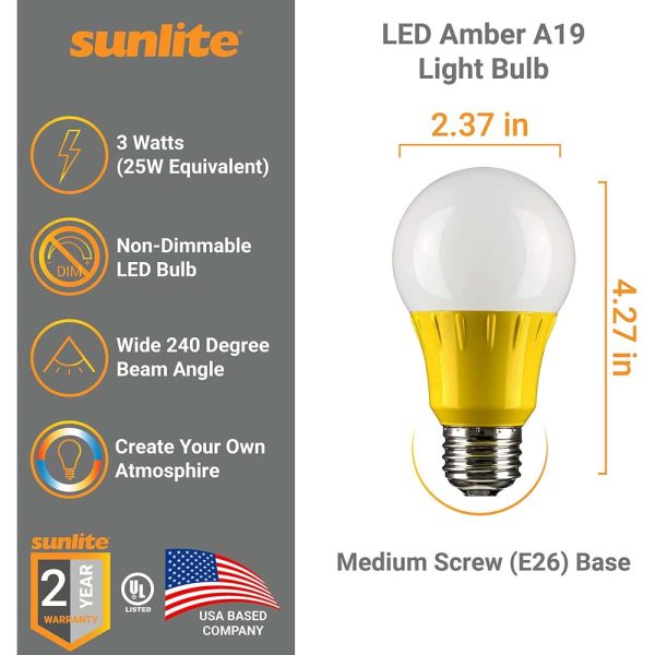 3Pk - Sunlite 3w LED A19 Yellow Colored Non-Dimmable Bulb - 25w Equiv For Discount