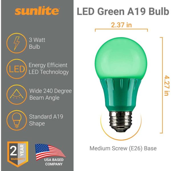 3Pk - Sunlite 3w LED A19 Green Colored Non-Dimmable Bulb - 25w Equiv Online Sale