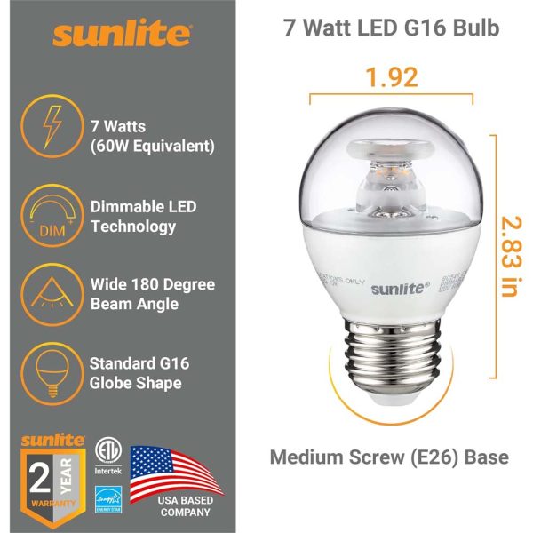 3Pk - Sunlite LED Globe G16 7W Clear E26 Medium Base 2700K Bulb - Warm White Discount