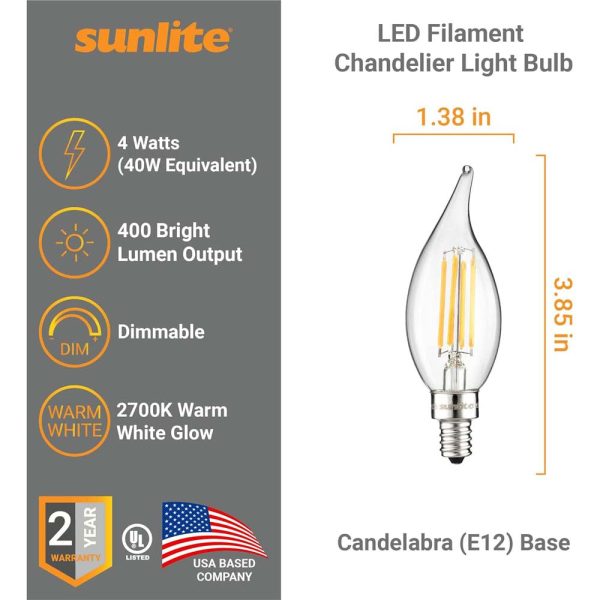 Sunlite 4w LED Filament Flame Tip Chandelier E12 2700K Bulb - 40W Equiv Online Sale