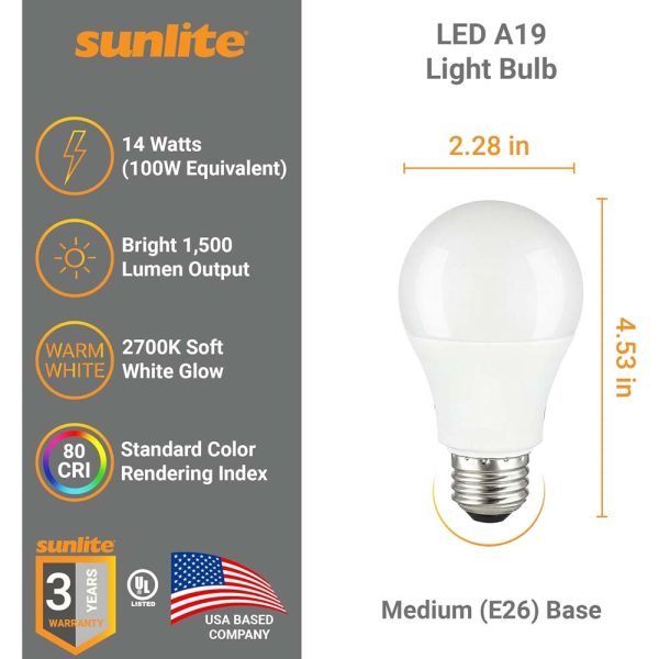 3Pk - Sunlite 14w A19 LED 2700K 1500Lm Non-Dimmable Bulb - 100W Equiv For Discount