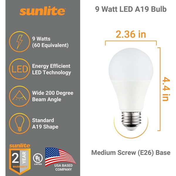 3Pk - Sunlite 9w A19 LED 4000K 800Lm Non-Dimmable Bulb - 60W Equiv Sale