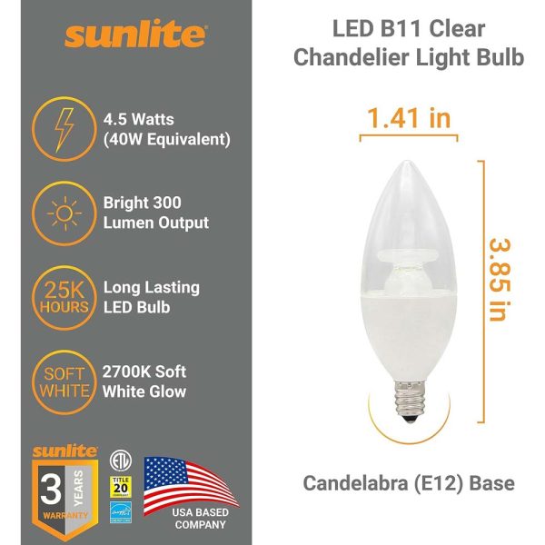 Sunlite 4.5w LED B11 Clear Chandelier CTC E12 Base 2700K Bulb - 40W Equiv Online Sale