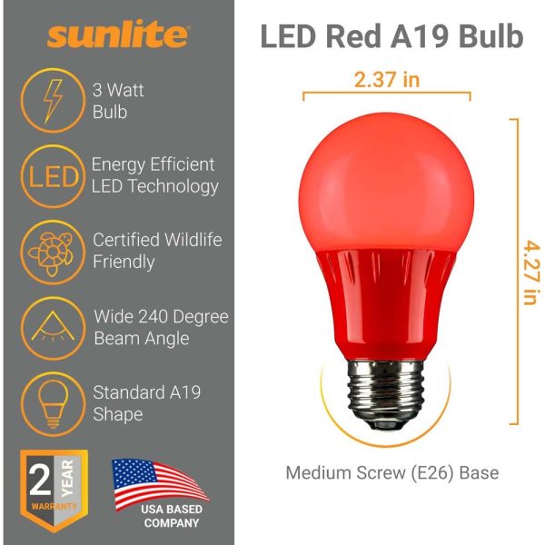 3Pk - Sunlite 3w LED A19 Red Colored Light Non-Dimmable Bulb - 25w Equiv For Cheap