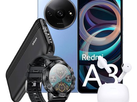 Xiaomi Redmi A3 (2024) 4GB 128GB 4G Smart Phone (Brand New) + TCL Move Audio S150 Wireless Earbuds (Brand New) + Hoco Smart Sports Watch (Y20) + Vip Fan Power Bank 2 USB, 4 Built in Cables 10000mAh (F10) (Bundle Deal) Supply