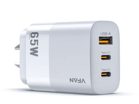 VFan AU7 Ultra Fast Charger 65W 2X USB-C & 1X USB-A (For Laptop Macbook) Hot on Sale