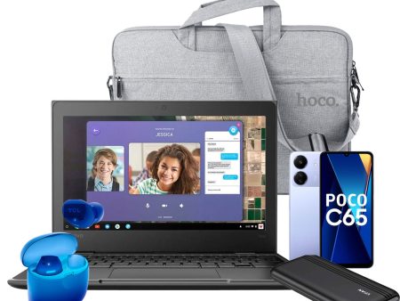 Lenovo 100E 11.6-inch intel N3350 Gen-1 4GB 32GB Chromebook (Very Good-Pre-Owned) + Xiaomi Poco C65 6GB 128GB  + Laptop Bag + SOCL500TWS Earbuds + Power Bank (F10) (Bundle Deal) Discount